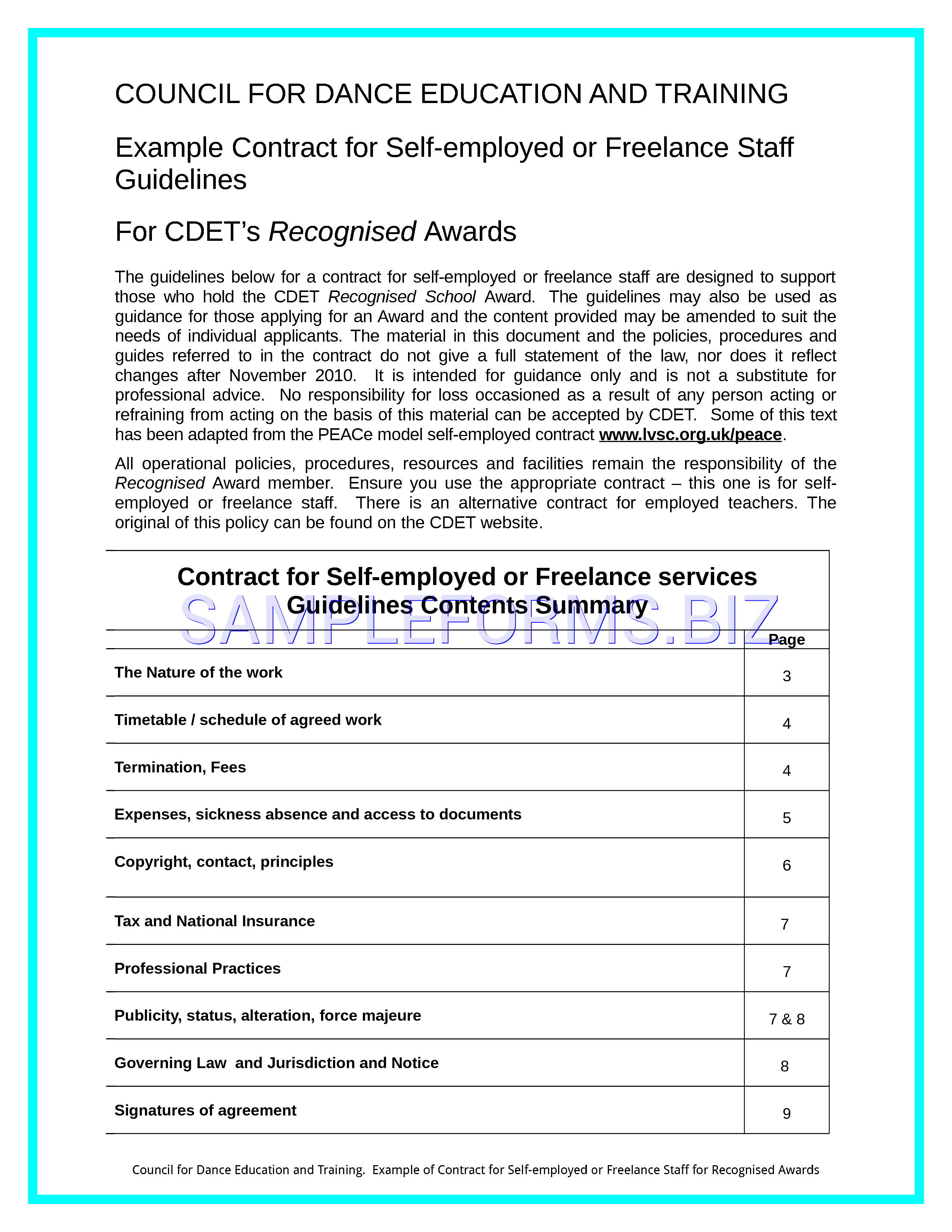 Preview free downloadable Contract for Self-Employed or Freelance Staff Guidelines in PDF (page 1)